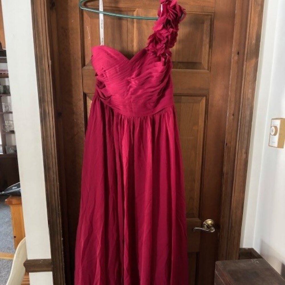 JJ House Burgundy One Shoulder Bridesmaids Dress